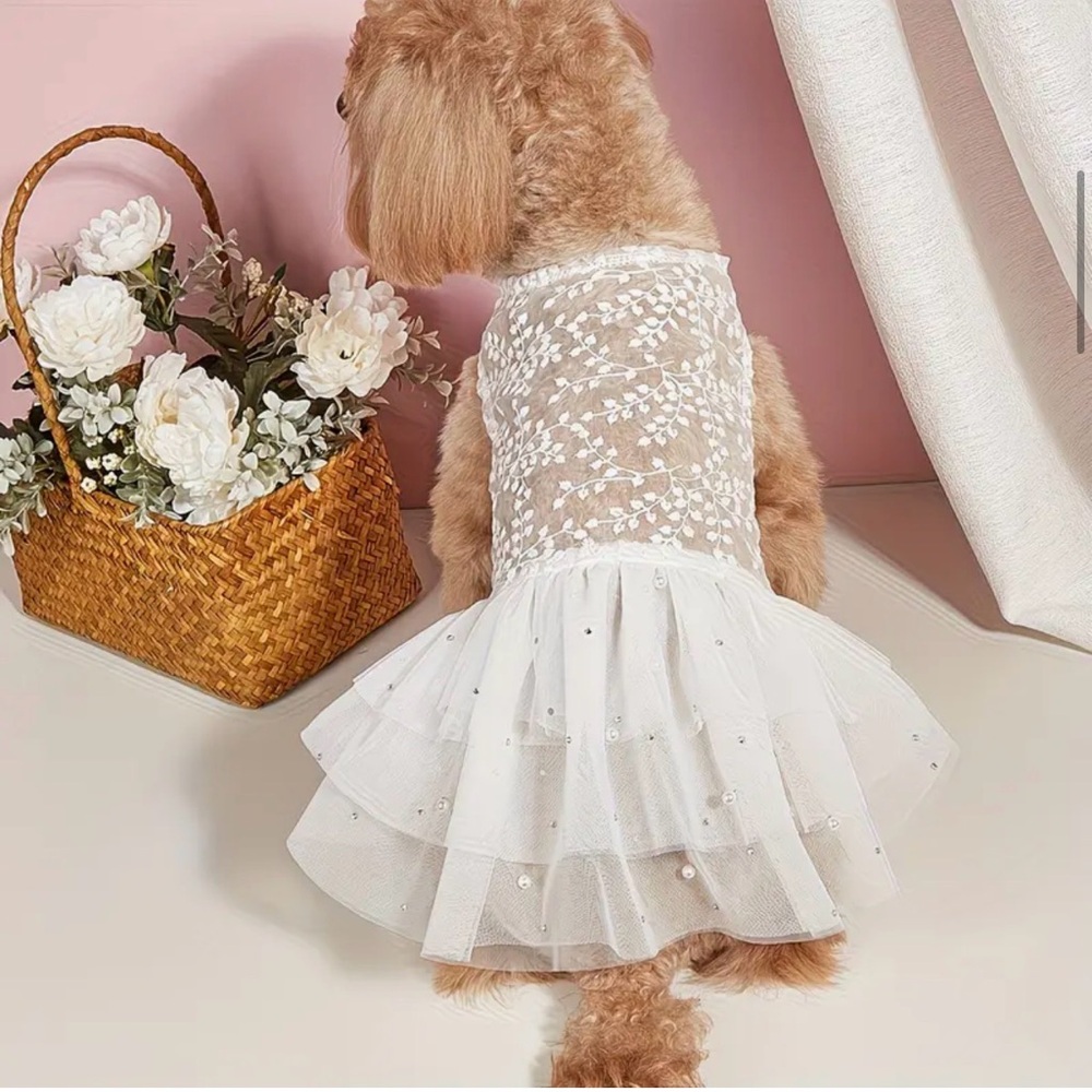 🥳 2 for $15 🥳 White Wedding Formal Lace Dog Tutu Tulle Dress Rhinestones Pearls